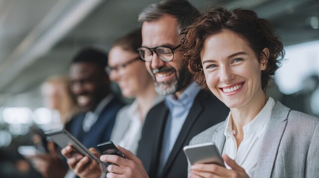 A diverse group of professionals engaged with their smartphones, smiling and collaborating in a modern office environment, showcasing teamwork and technology in action