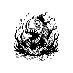 Fish creature illustration design for cartoon character with seaweed underwater and ocean rocks elements drawing
