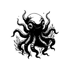Charming black and white illustration of an octopus showcasing its playful nature in a unique vector design