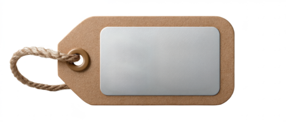 A rectangular tag with a textured surface, featuring a metal eyelet and a rope for attachment, designed for labeling or branding purposes.