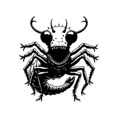 Creepy crawly monster illustration with sharp teeth and horns in a dark spooky manner this creature would be scary