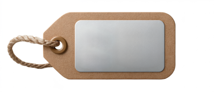 A rectangular tag with a textured surface, featuring a metal eyelet and a rope for attachment, designed for labeling or branding purposes.