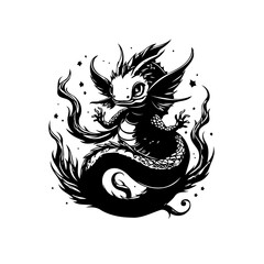 Charming monochrome illustration of a whimsical dragon with an aquatic tail, suitable for t-shirts and book illustrations