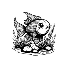 Black and white illustration of a fish swimming in water with rocks and plants around it underwater