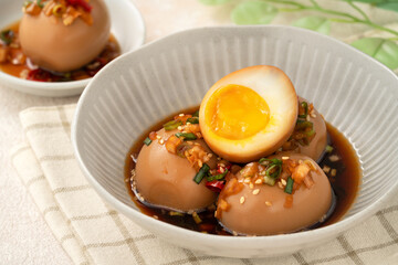 Korean Mayak Eggs in Soy Sauce with Garlic, Onion and Chili