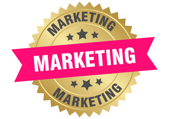 marketing. marketing round pink and gold label isolated on transparent background