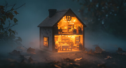 Miniature house glowing amidst a misty landscape evokes feelings of warmth and comfort
