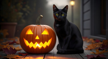 Spooky black cat guards the glowing jack-o'-lantern on a wooden porch during Halloween evening