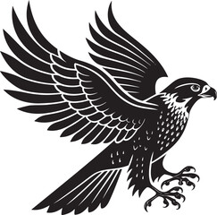 Black falcon in flight with spread wings bird talons