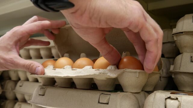 Close-up of a male customer's hands opening a carton of eggs and examining the contents