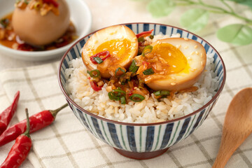 Korean Mayak Eggs in Soy Sauce with Garlic, Onion and Chili
