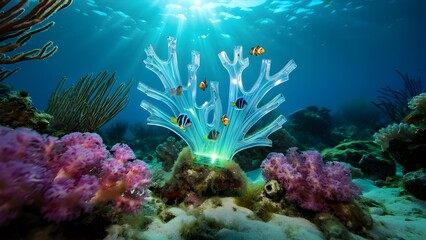 Obraz premium Enchanting Underwater Coral Garden Illuminated by Gentle Sunlight with Tropical Fish Swimming Gracefully