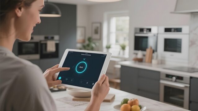 Person using a tablet to control smart kitchen appliances in a modern home