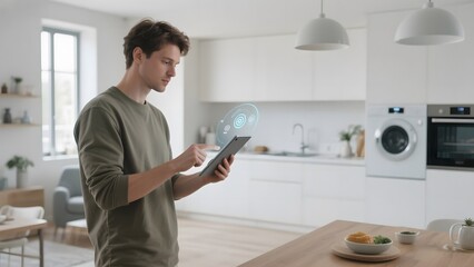 Man using tablet with smart home interface in modern kitchen