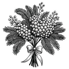 Black and white vintage drawing of a vine with a decorative bunch of grapes and leaves