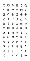Minimilist collection of various outline style icons representing different symbols and objects in a simple design vector