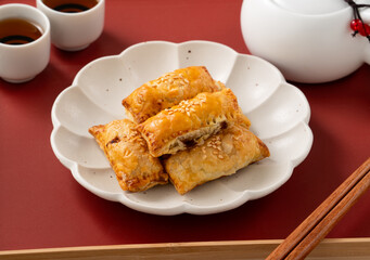 Delicious BBQ pork puff pastry dim sum food.