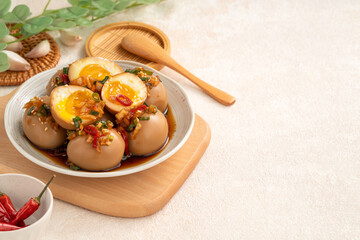 Korean Mayak Eggs in Soy Sauce with Garlic, Onion and Chili
