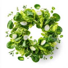 Obraz premium Fresh Green Leafy Vegetables Arranged in a Circle for Healthy Eating Concept
