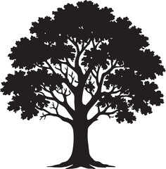 A simple black silhouette vector of a tree showing its roots, trunk, and dense leafy canopy, perfect for nature-themed or educational designs.