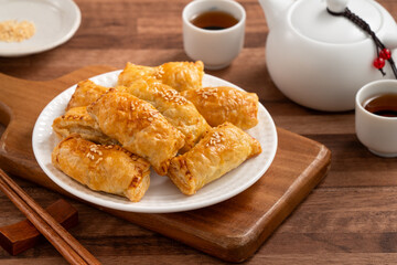 Delicious BBQ pork puff pastry dim sum food.