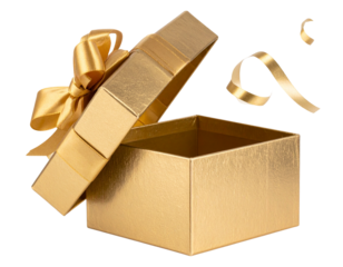  Open Gold Gift Box with Lid Floating and Ribbon Loops Suspended, Elegant Reveal Style, PNG