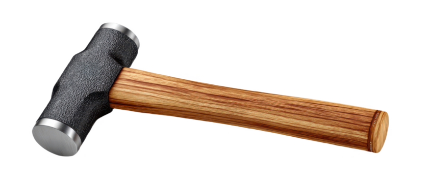 A sturdy hammer featuring a textured black head and a beautifully grained wooden handle, designed for effective striking.