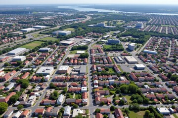 from above the cityscape displays clear zoning areas with residential commercial and industrial districts making the organization of urban space easy to analyze and study