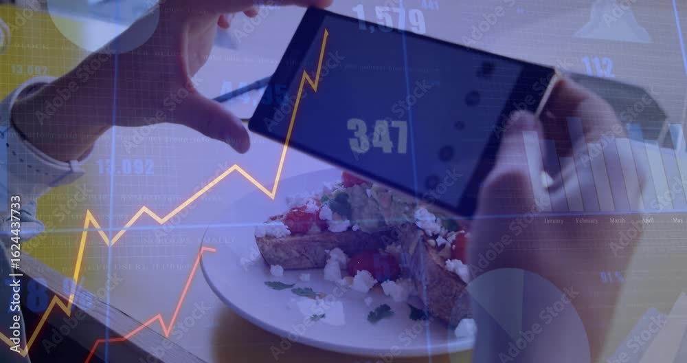 Wall mural hands grabbing smartphone, adjusting angles and framing avocado toast while displaying data charts