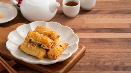 Delicious BBQ pork puff pastry dim sum food.
