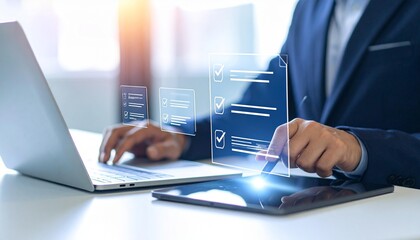 Professional businessman using digital interface with checklist for efficient task management and planning
