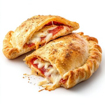 Delicious Pepperoni Pizza Calzones Baked to Perfection Two halves of a calzone showing melted cheese and pepperoni