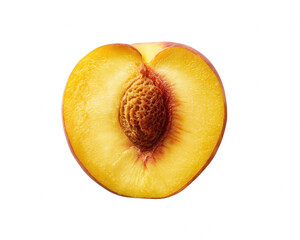 Half peach showing vibrant colors and textured pit, ideal for food themes on transparent background