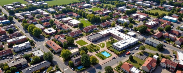 from the air the distribution of public amenities such as schools hospitals and recreation centers is visible supporting urban planning focused on community needs