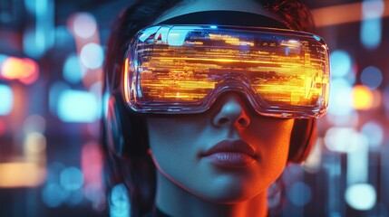 Futuristic Woman Wearing Augmented Reality Headset with Digital Data Overlay