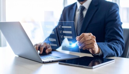 Professional businessman actively managing digital checklist on futuristic interface, optimizing workflow