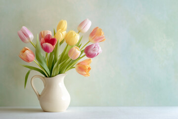 Obraz premium Colorful Tulips in a White Pitcher on Pastel Background