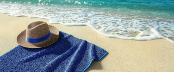 A blue towel lies on soft sand near the waters edge, with a straw hat resting on top. Gentle waves lap at the shore under a clear blue sky, creating a serene beach atmosphere