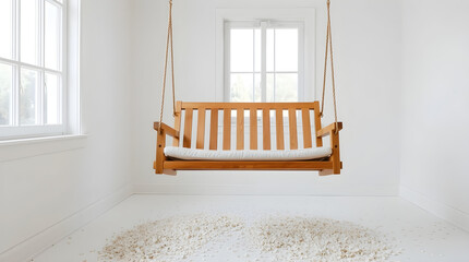 Wooden swing hanging in white room with petals on floor