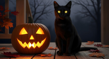 Autumnal enchantment black cat beside glowing jack-o'-lantern on wooden porch celebrating spooky