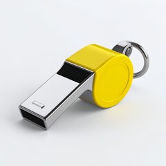 Shiny metallic and yellow plastic whistle with ring, detailed object on white background