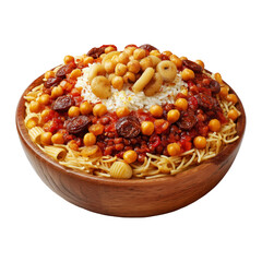 Koshari Egyptian street-style layered dish spaghetti topped with chickpea tomato sauce and herbs in wooden bowl, isolated on white transparent background, concept of healthy meal