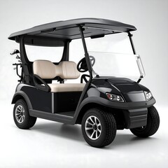Black golf cart with beige seats, shown against a light gray background