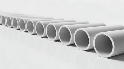 Row of white pvc pipes arranged in a line on a white background