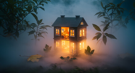 Enchanting miniature house illuminated amidst mystical fog and lush foliage creating a dreamlike