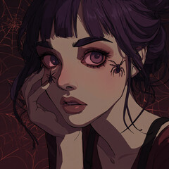 cartoon portrait of a gothic girl with spiders on her face