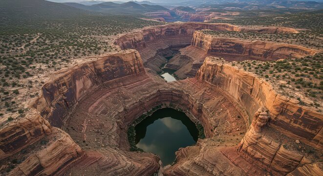 Aerial view of a deep canyon with water at the bottom surrounded by steep rocky cliffs and vegetation