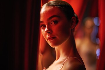 A close-up of a ballerina gazing intently through a curtain at the audience, her expression reflecting anticipation before stepping on stage in a theater environment