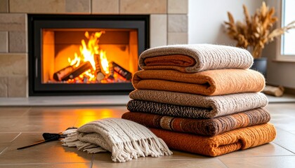 A stack of warm, folded blankets sits on the floor in front of a modern fireplace with a burning fire.
