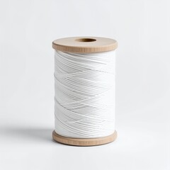 Spool of pristine white thread on a wooden core captures minimalist beauty on white background